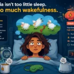 Illustration of a woman lying awake in bed at 3:00 AM with an overactive mind, highlighting insomnia as excessive wakefulness rather than too little sleep.