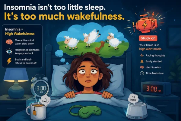 Illustration of a woman lying awake in bed at 3:00 AM with an overactive mind, highlighting insomnia as excessive wakefulness rather than too little sleep.