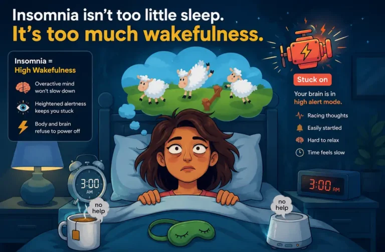 Illustration of a woman lying awake in bed at 3:00 AM with an overactive mind, highlighting insomnia as excessive wakefulness rather than too little sleep.