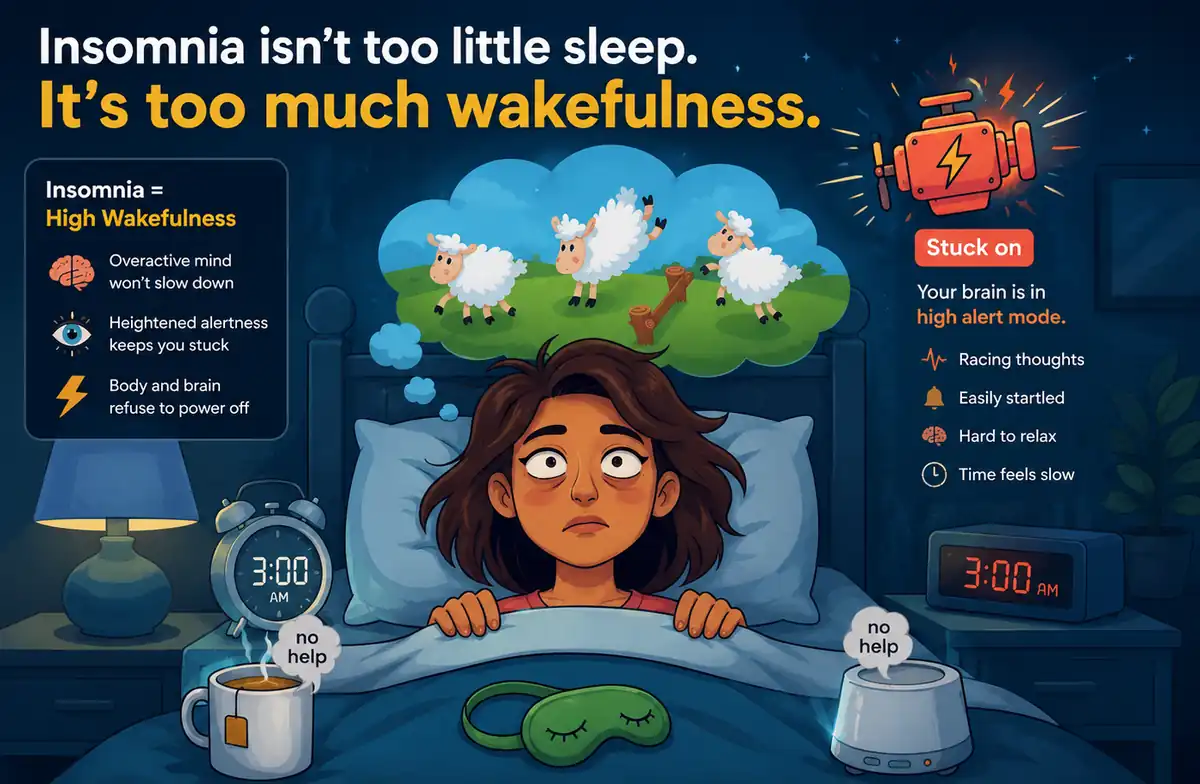 Illustration of a woman lying awake in bed at 3:00 AM with an overactive mind, highlighting insomnia as excessive wakefulness rather than too little sleep.