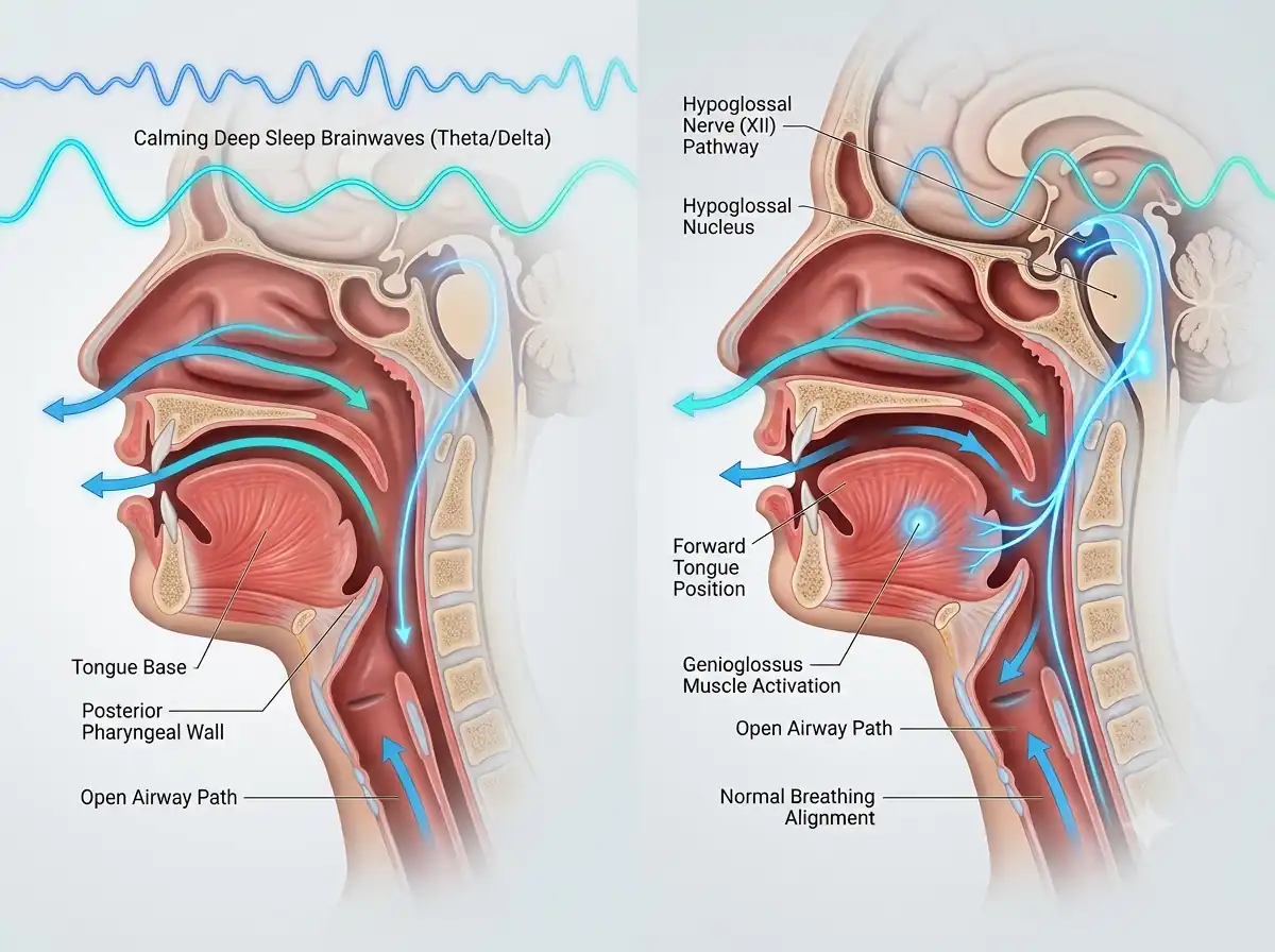 Medical diagram showing airway restriction and tongue posture causing night waking