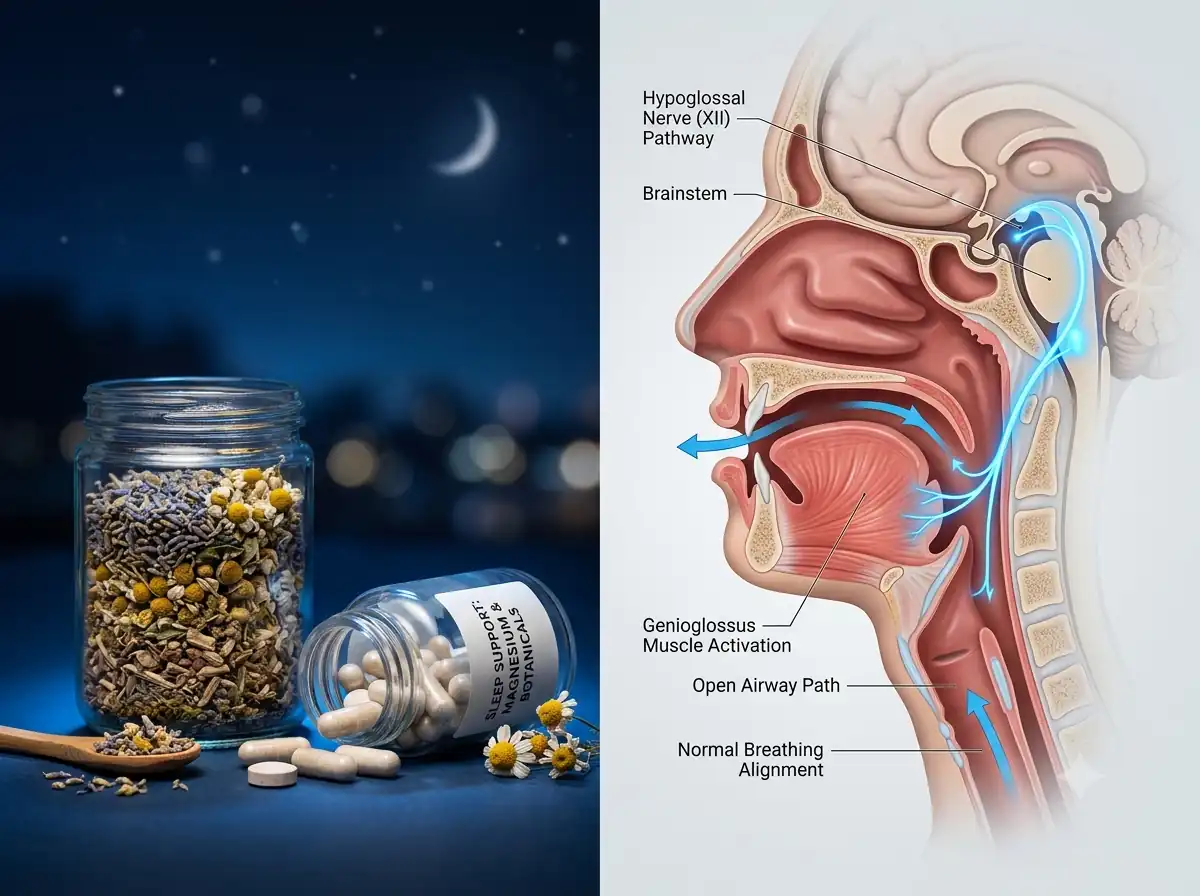 how to stop waking up at night: Conceptual illustration comparing biochemical sleep supplements with neuromuscular airway breathing devices