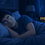 Illustration of a man lying awake in bed at 3:00 AM, unable to sleep and staring anxiously in a dark bedroom.