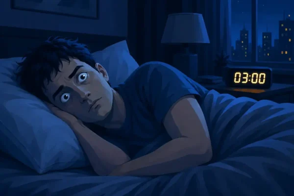 Illustration of a man lying awake in bed at 3:00 AM, unable to sleep and staring anxiously in a dark bedroom.