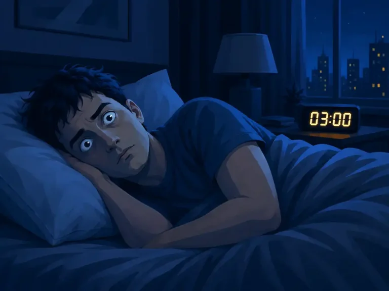 Illustration of a man lying awake in bed at 3:00 AM, unable to sleep and staring anxiously in a dark bedroom.