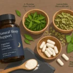 Illustration of natural sleep support ingredients including magnesium capsules, L-theanine green tea leaves, lemon balm herbs, and an amber supplement bottle.
