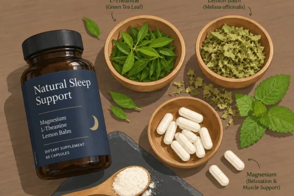 Illustration of natural sleep support ingredients including magnesium capsules, L-theanine green tea leaves, lemon balm herbs, and an amber supplement bottle.