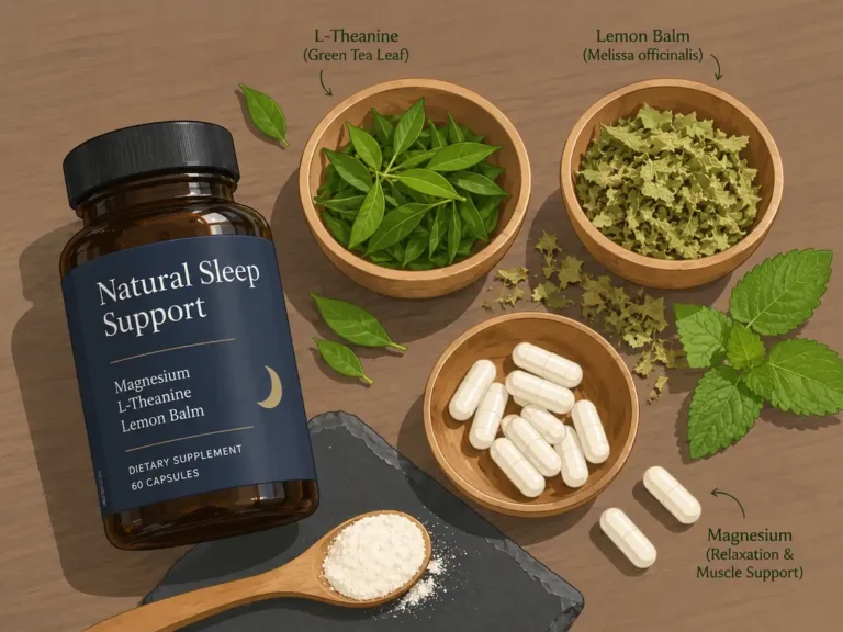 Illustration of natural sleep support ingredients including magnesium capsules, L-theanine green tea leaves, lemon balm herbs, and an amber supplement bottle.