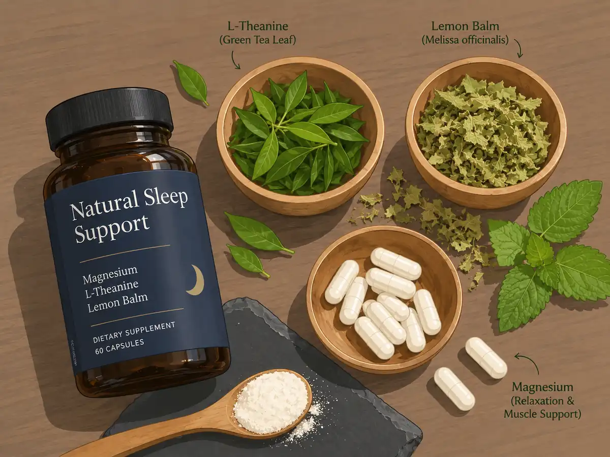 Illustration of natural sleep support ingredients including magnesium capsules, L-theanine green tea leaves, lemon balm herbs, and an amber supplement bottle.