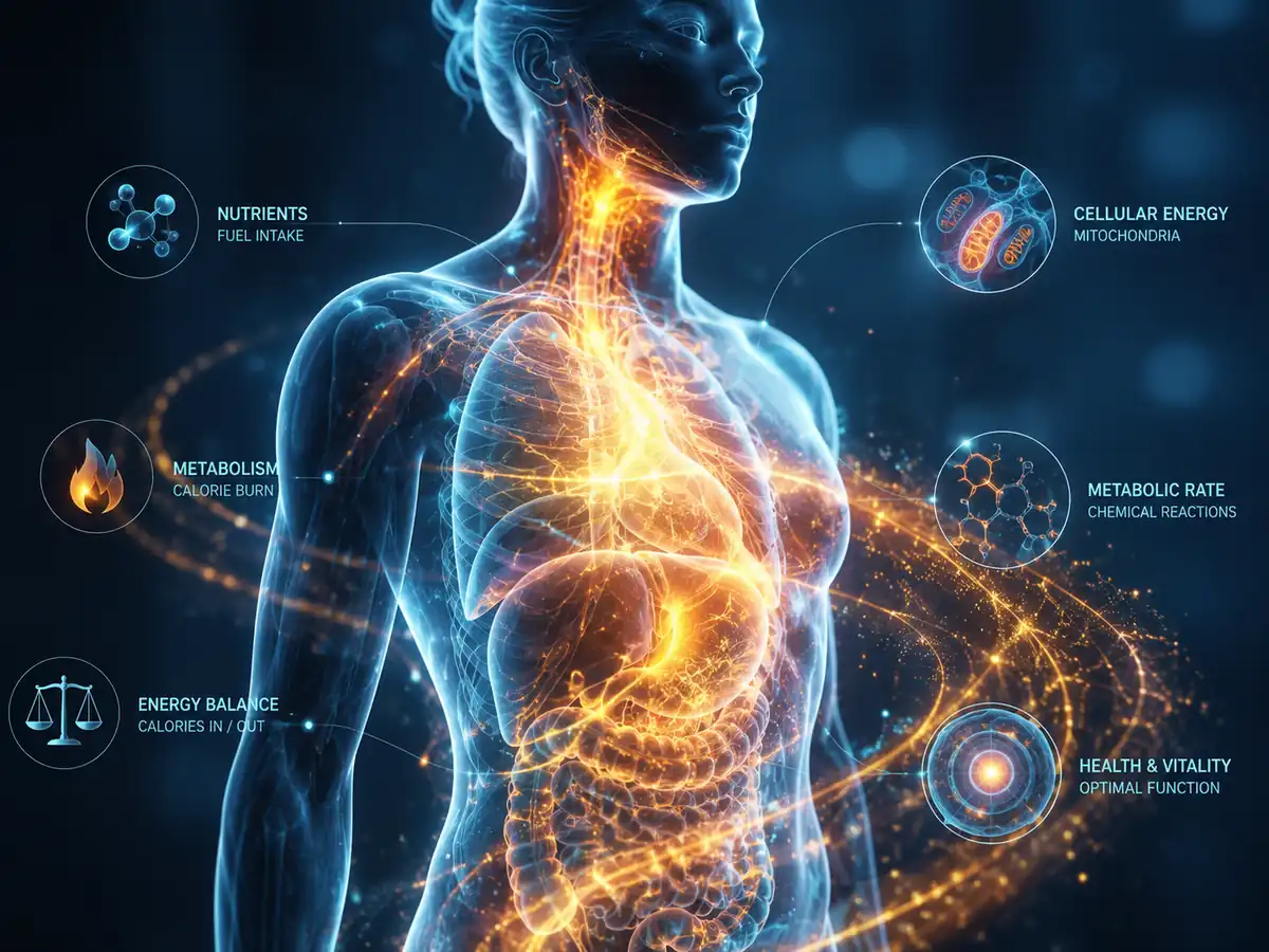 Conceptual illustration representing human metabolism, metabolic balance, energy burn, and biological factors.