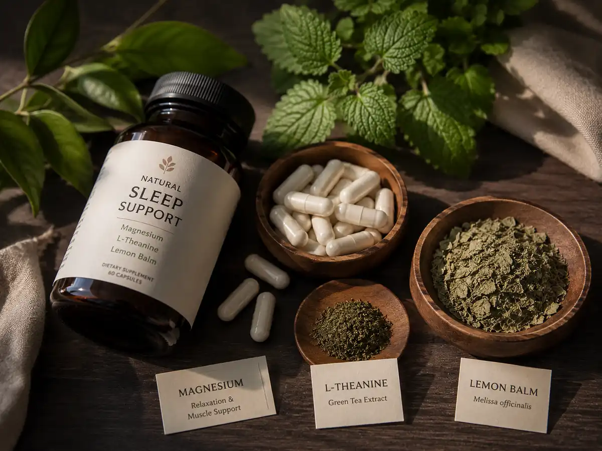 Various natural sleep supplement bottles and herbs organized neatly on a wooden desk