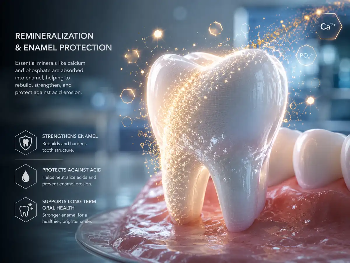 A clean, modern conceptual diagram illustrating dental enamel protection and oral microbiome wellness.