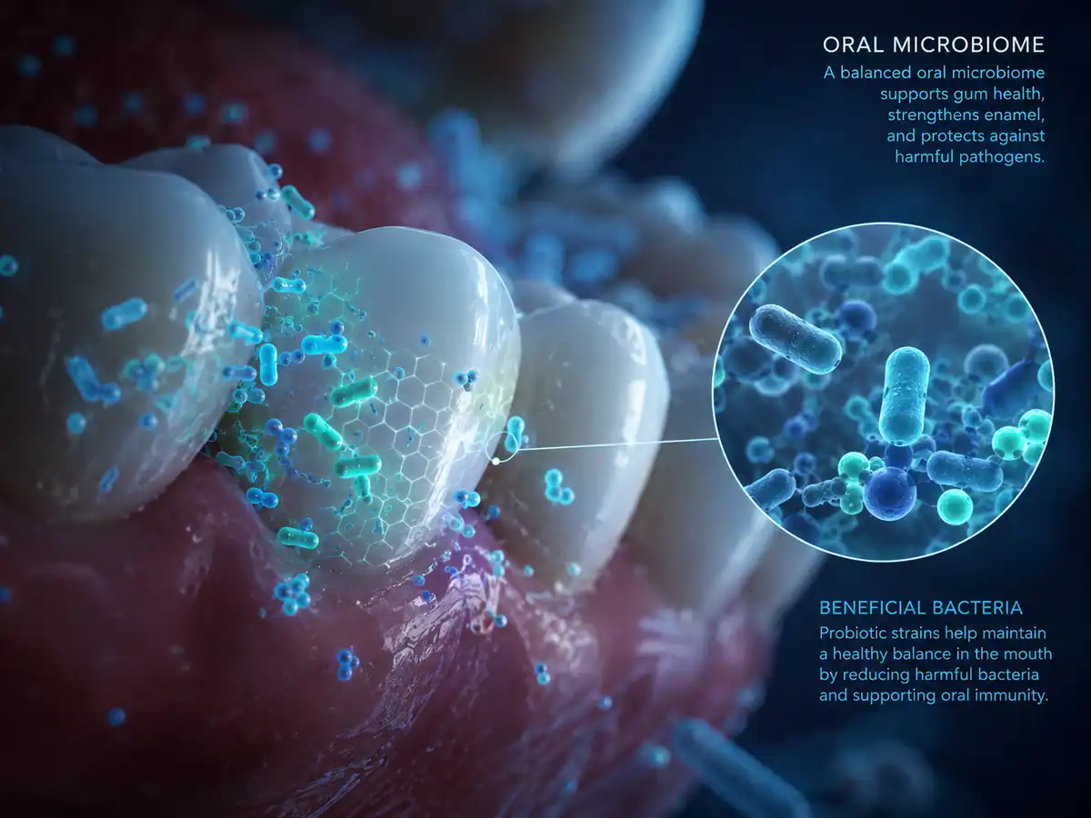 Oral Health Problems: Conceptual illustration of the oral microbiome, showing good and bad bacteria interacting in the mouth.