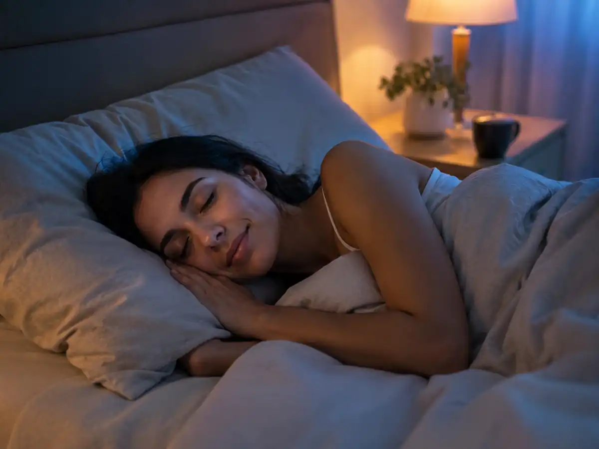 A person sleeping peacefully in a comfortable bed under cozy lighting