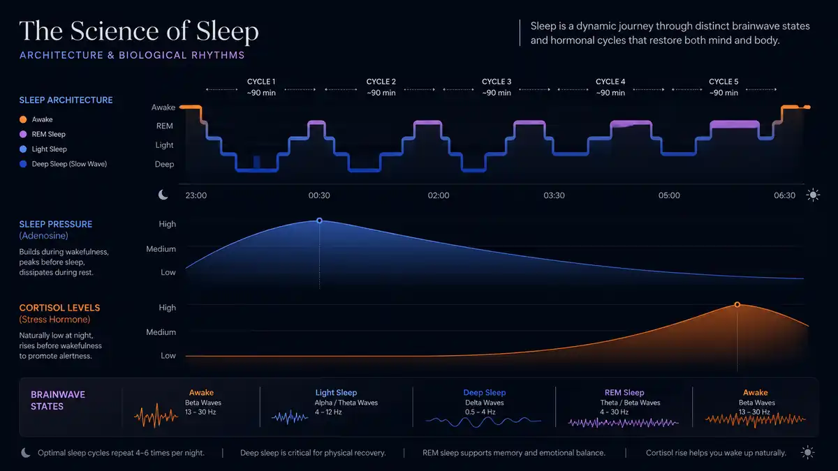 Conceptual illustration of sleep architecture, brainwaves, and biological rhythms during sleep cycles