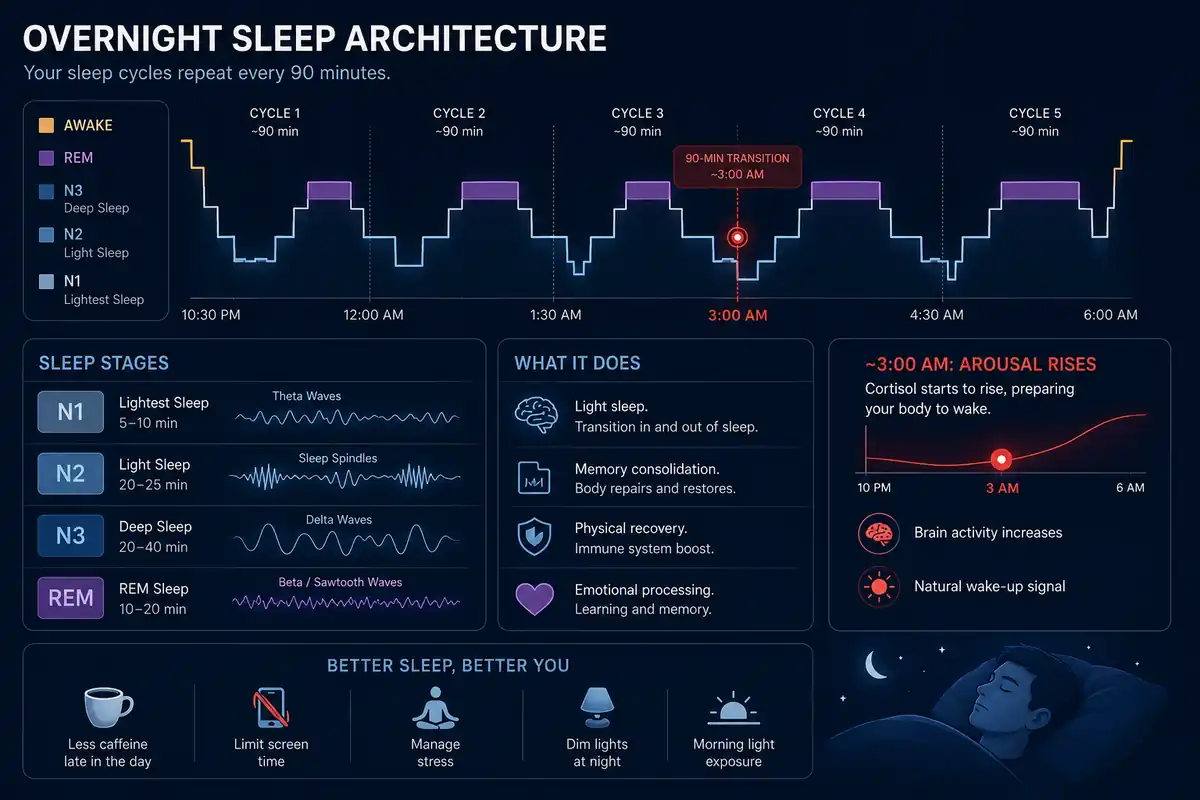 Graphic of overnight sleep cycles and brainwave transitions illustrating sleep mechanisms causing middle of the night awakenings