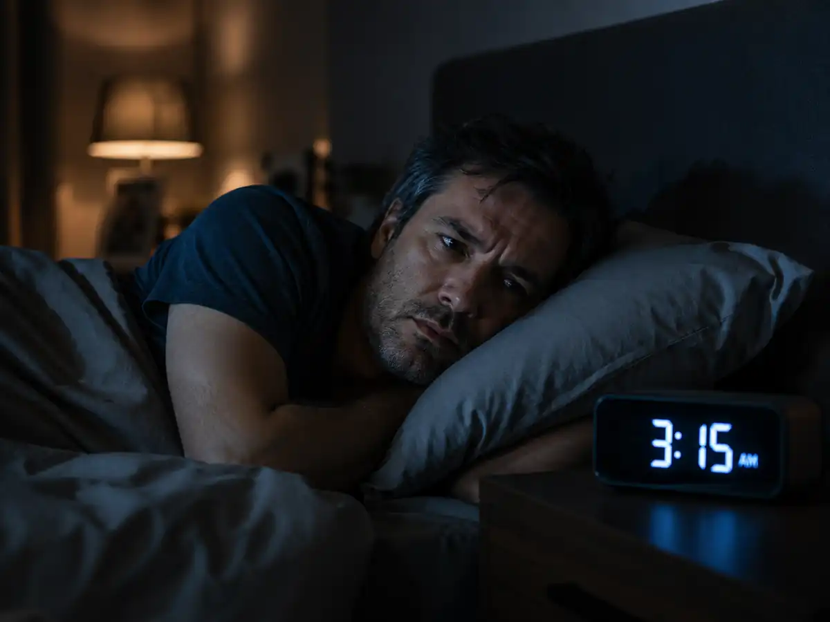 why sleep hygiene doesn't work: A man looking frustrated at a glowing digital clock at 3:15 AM in a dark bedroom