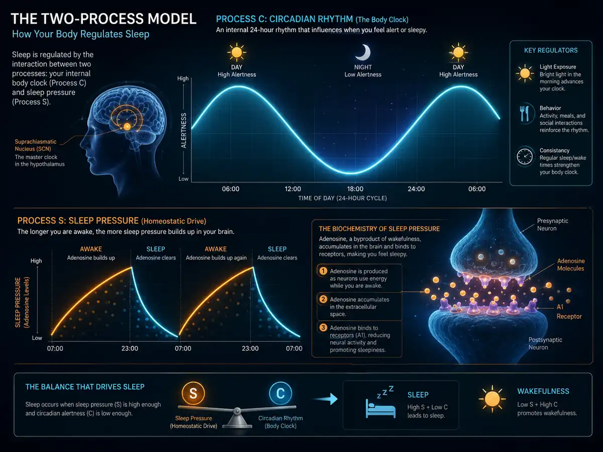 Diagram explaining the Two-Process Model of human sleep mechanisms showing Circadian Rhythm Process C and Adenosine Sleep Pressure Process S