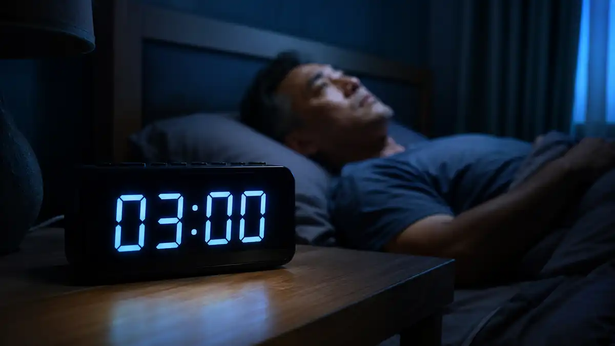 Waking up at 3 am: A glowing digital alarm clock showing 3:00 AM next to a man wide awake in a dark bedroom