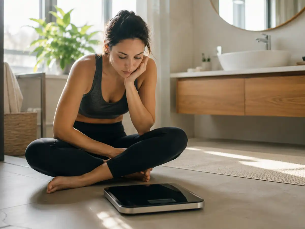 Weight Loss Problems: A person looking thoughtfully at a bathroom scale, illustrating the challenge of overcoming stubborn weight loss problems.