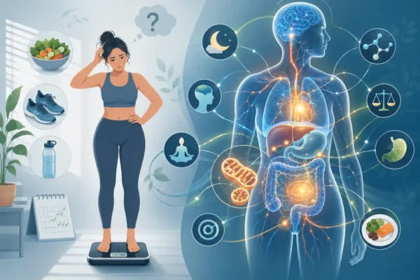 Illustration of a person struggling with weight loss while hidden metabolic processes influence healthy weight management.