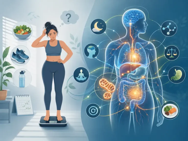 Illustration of a person struggling with weight loss while hidden metabolic processes influence healthy weight management.