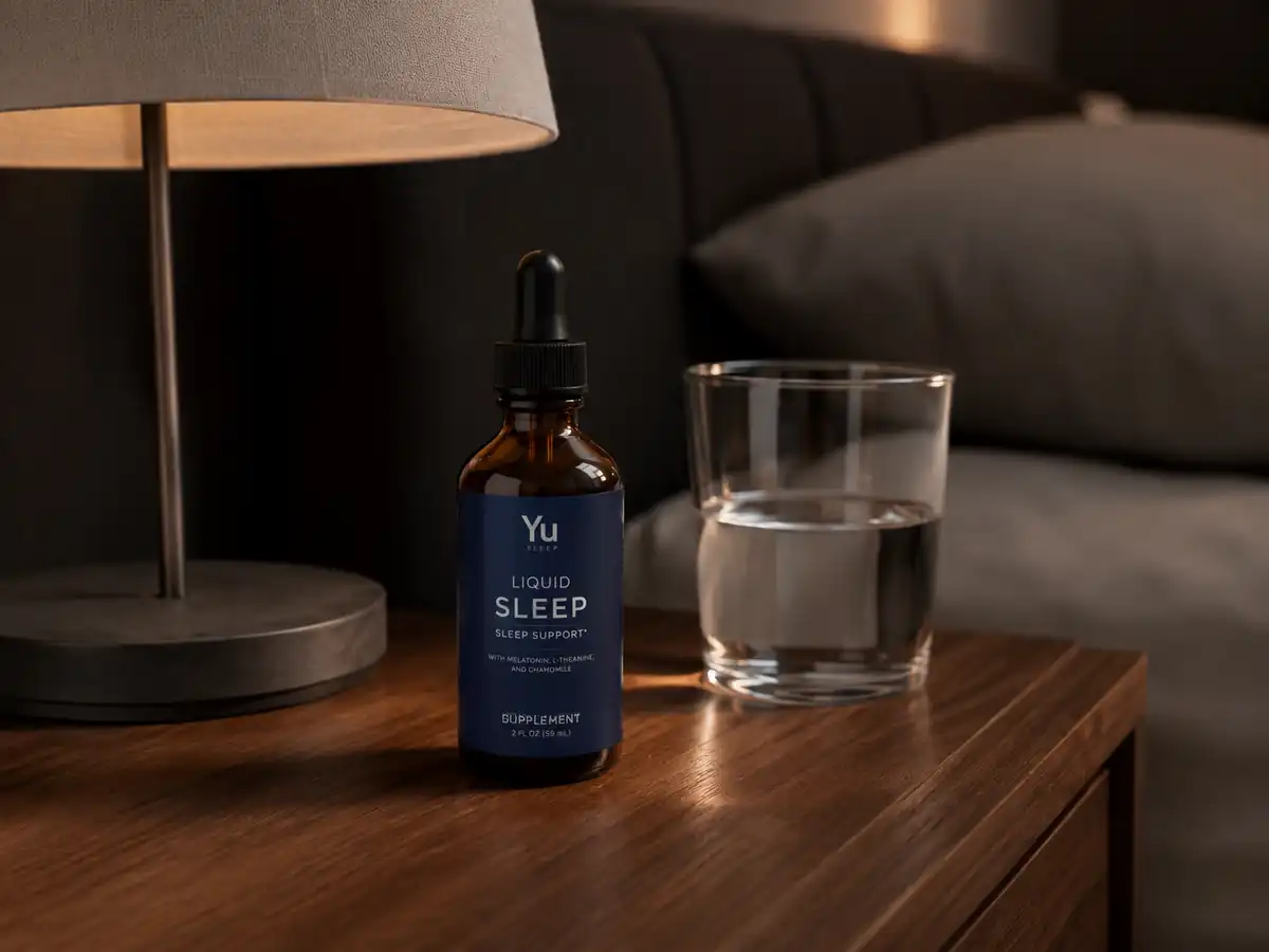 Yu Sleep Review: A bottle of Yu Sleep liquid sleep supplement on a bedside nightstand next to a glass of water