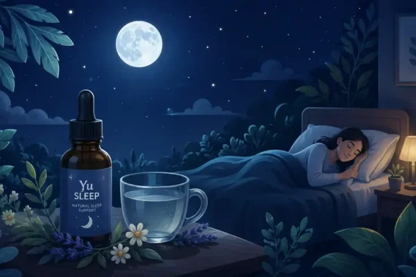 Illustration of a peaceful nighttime bedroom with a natural sleep formula supporting deep, restful sleep.