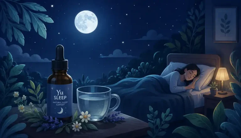 Illustration of a peaceful nighttime bedroom with a natural sleep formula supporting deep, restful sleep.