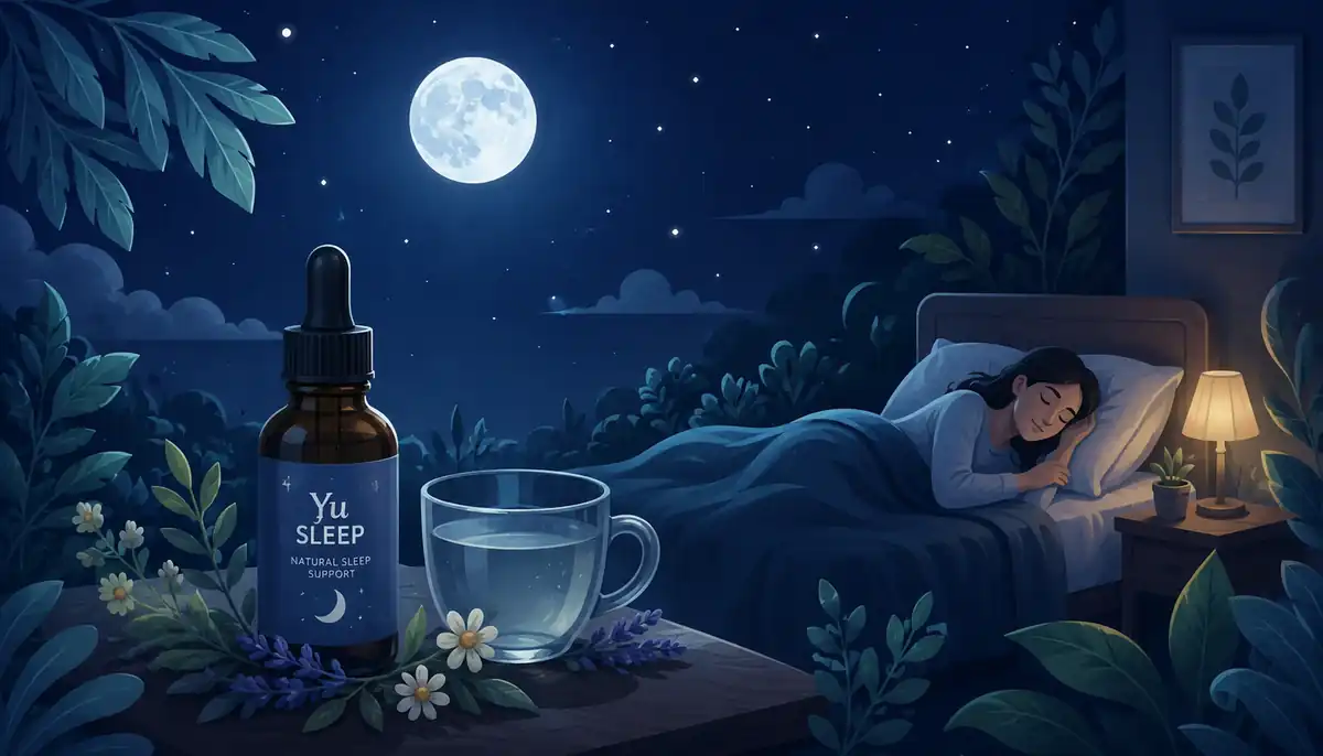 Illustration of a peaceful nighttime bedroom with a natural sleep formula supporting deep, restful sleep.