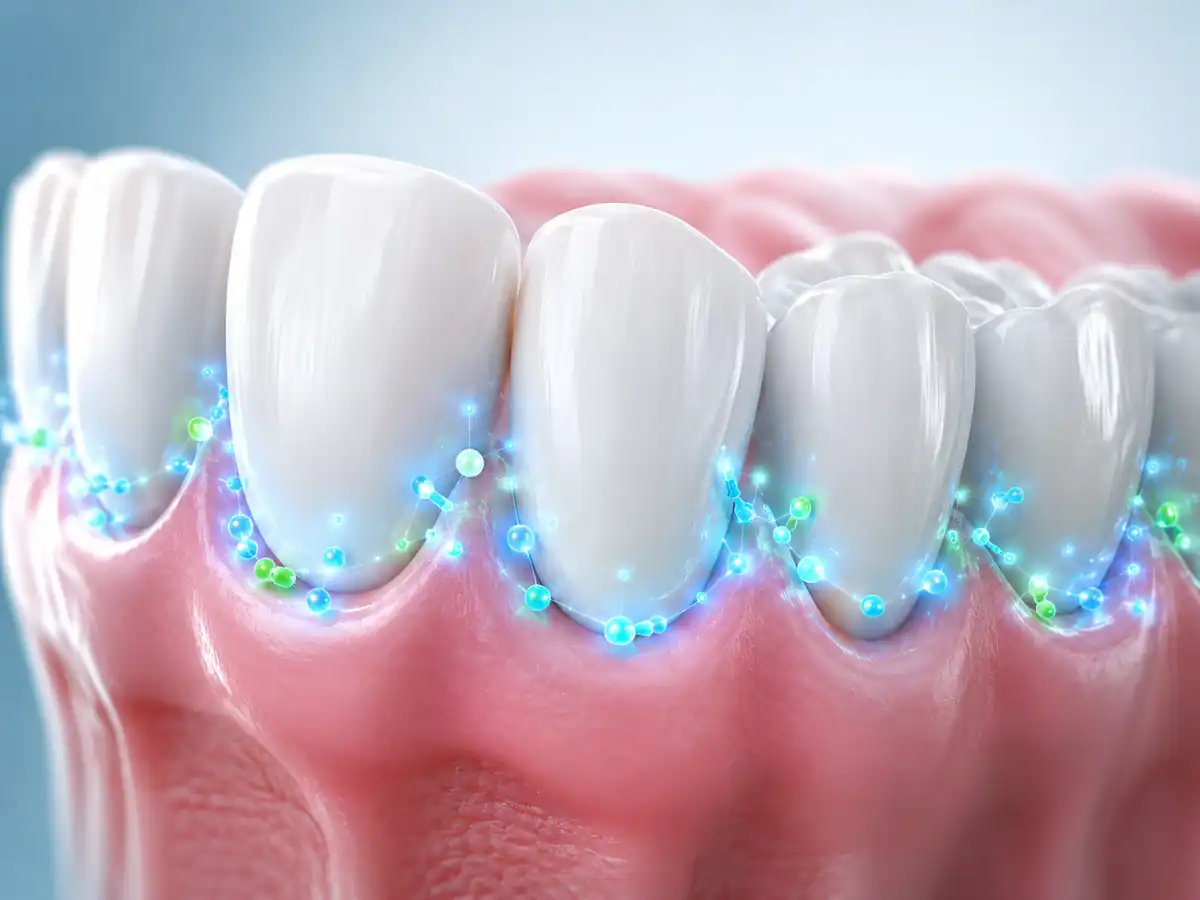 how to stop bleeding gums: Illustration of a balanced oral ecosystem with healthy pink gums, strong enamel, and a confident smile