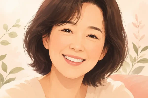 A calm middle-aged person with a soft, natural smile representing restored oral comfort and wellness