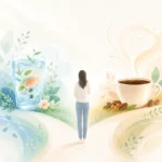 Soft illustration of a person at a gentle fork in the path, with a botanical juice glass on one side and a steaming coffee cup on the other, representing two natural approaches to clearing metabolic roadblocks