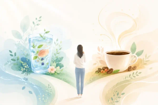 Soft illustration of a person at a gentle fork in the path, with a botanical juice glass on one side and a steaming coffee cup on the other, representing two natural approaches to clearing metabolic roadblocks