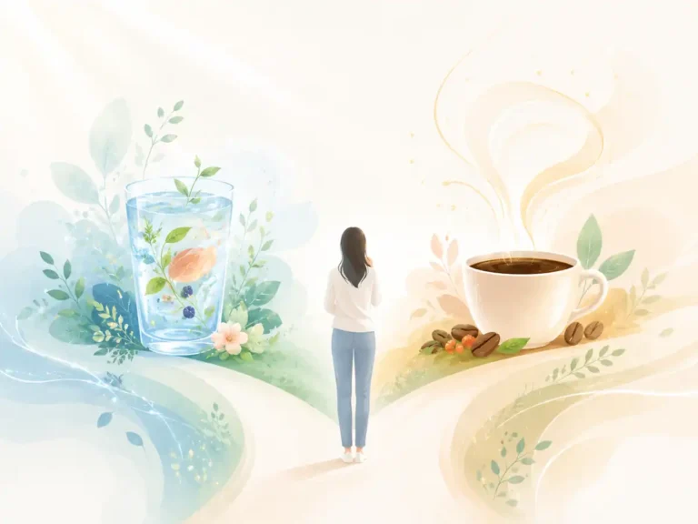 Soft illustration of a person at a gentle fork in the path, with a botanical juice glass on one side and a steaming coffee cup on the other, representing two natural approaches to clearing metabolic roadblocks