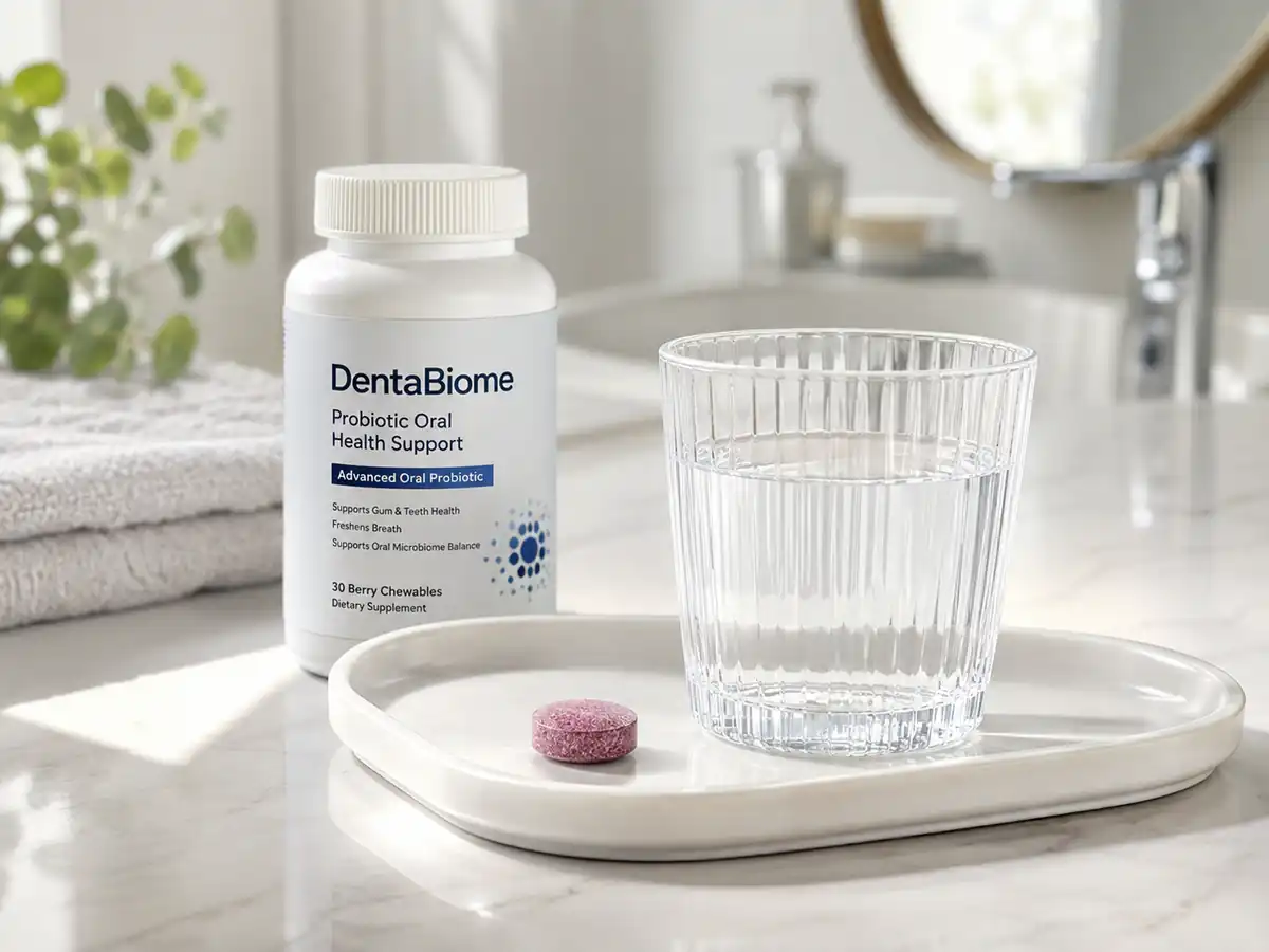 DentaBiome Review: DentaBiome chewable tablet sitting next to a glass of water on a clean bathroom counter