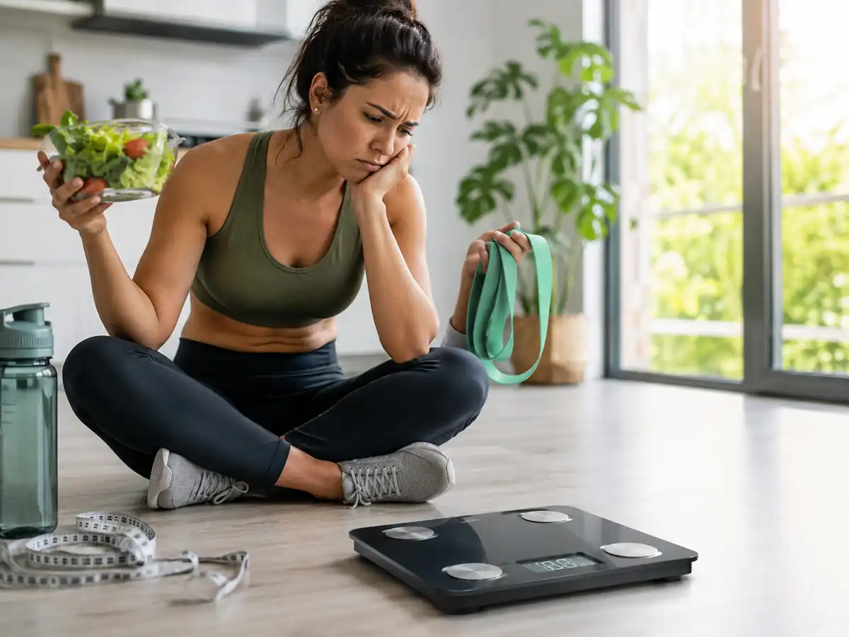 Frustrated person standing on a scale holding healthy food and workout gear, symbolizing metabolic roadblocks