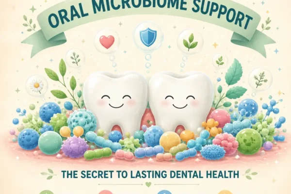 A smiling pair of teeth are surrounded by a diverse, colorful community of friendly-looking probiotic and postbiotic microorganisms within a light and healthy ecosystem. Above the scene, a soft banner reads "ORAL MICROBIOME SUPPORT" and below, text states "THE SECRET TO LASTING DENTAL HEALTH". The illustration is in a simplified, flat-vector style with a warm, pastel color palette.