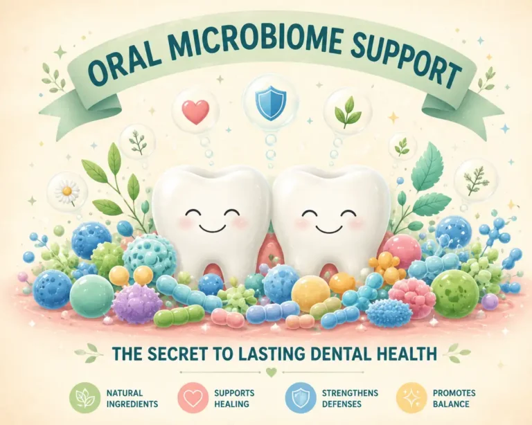 A smiling pair of teeth are surrounded by a diverse, colorful community of friendly-looking probiotic and postbiotic microorganisms within a light and healthy ecosystem. Above the scene, a soft banner reads "ORAL MICROBIOME SUPPORT" and below, text states "THE SECRET TO LASTING DENTAL HEALTH". The illustration is in a simplified, flat-vector style with a warm, pastel color palette.