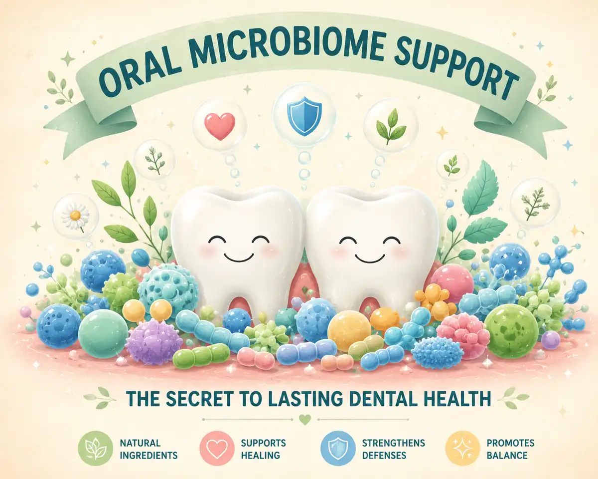 A smiling pair of teeth are surrounded by a diverse, colorful community of friendly-looking probiotic and postbiotic microorganisms within a light and healthy ecosystem. Above the scene, a soft banner reads "ORAL MICROBIOME SUPPORT" and below, text states "THE SECRET TO LASTING DENTAL HEALTH". The illustration is in a simplified, flat-vector style with a warm, pastel color palette.