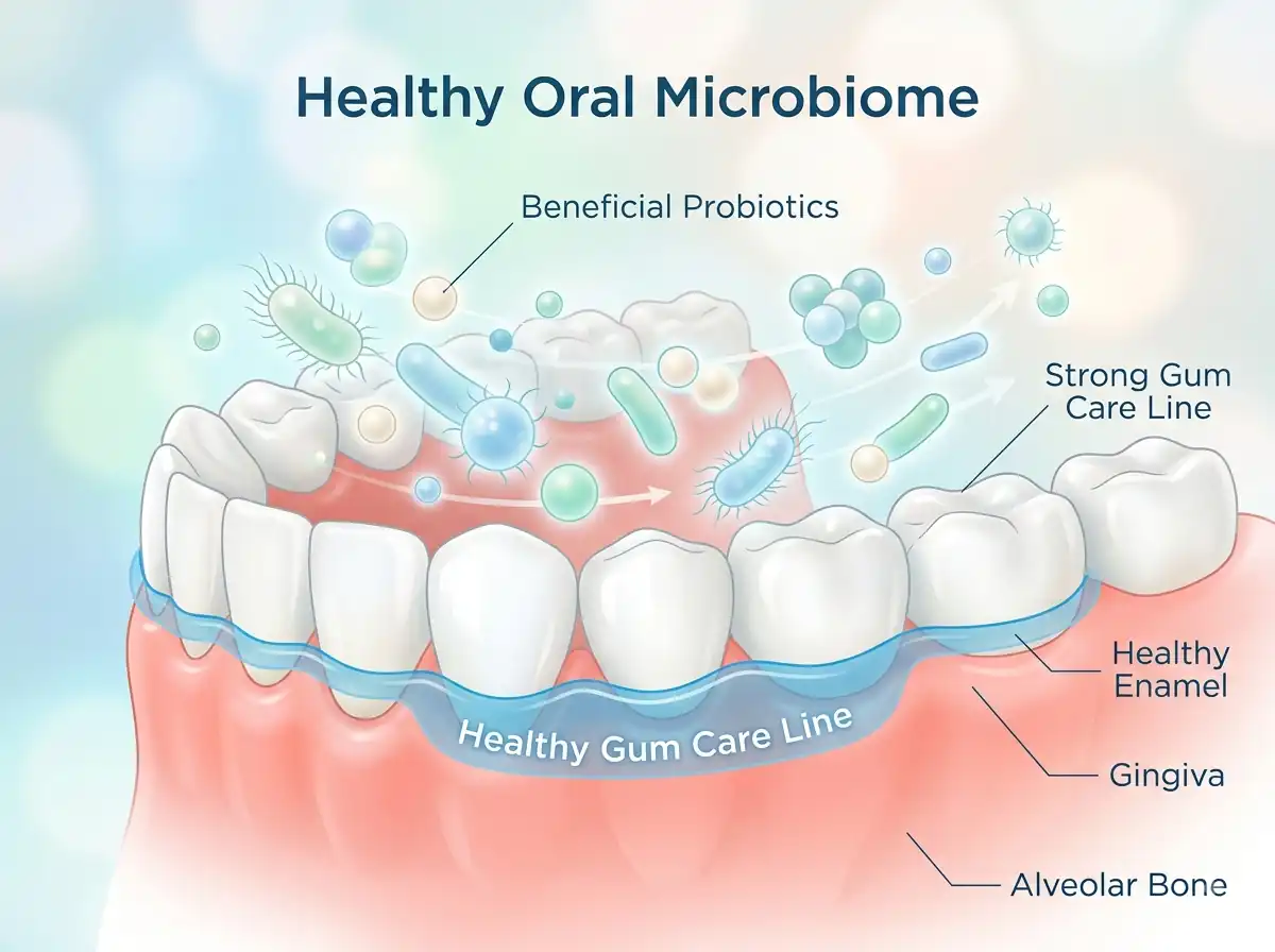 Conceptual illustration showing healthy gum care and balanced oral microbiome ecosystem