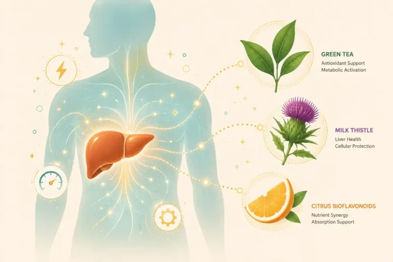A clean vector illustration showing human metabolism mechanisms, highlighting liver health, cellular energy pathways, and natural nutritional synergy for fat loss.