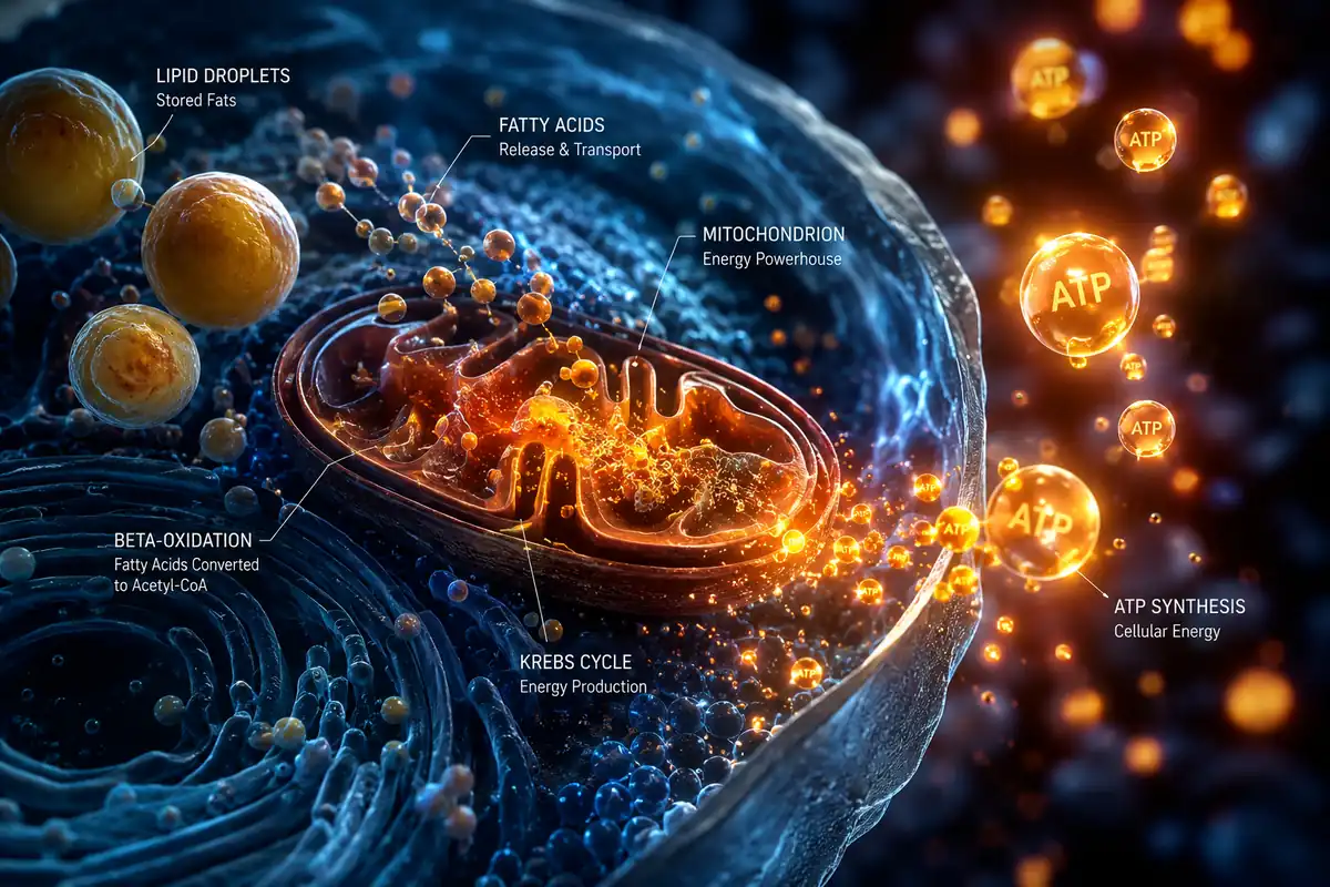 Human metabolism mechanisms: Abstract 3D scientific visualization of cellular energy production and fat oxidation pathways