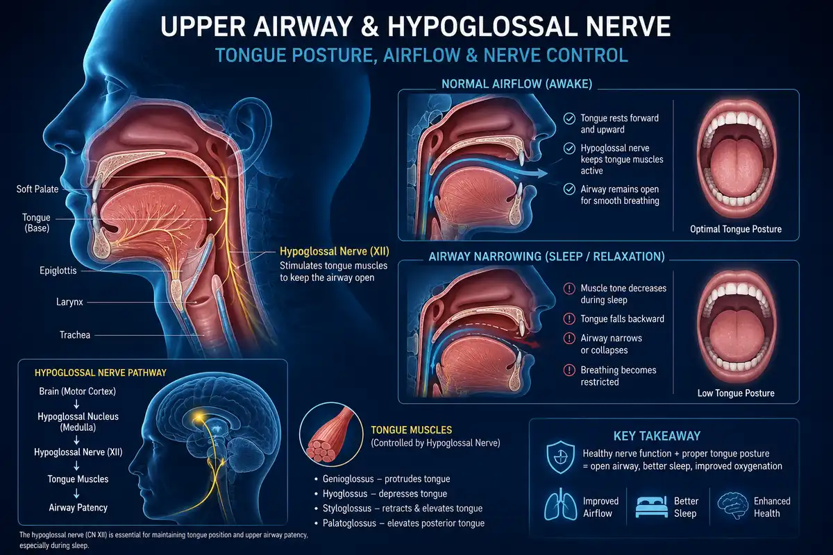 Sleep Revive Review: Medical diagram illustrating upper airway anatomy and hypoglossal nerve stimulation