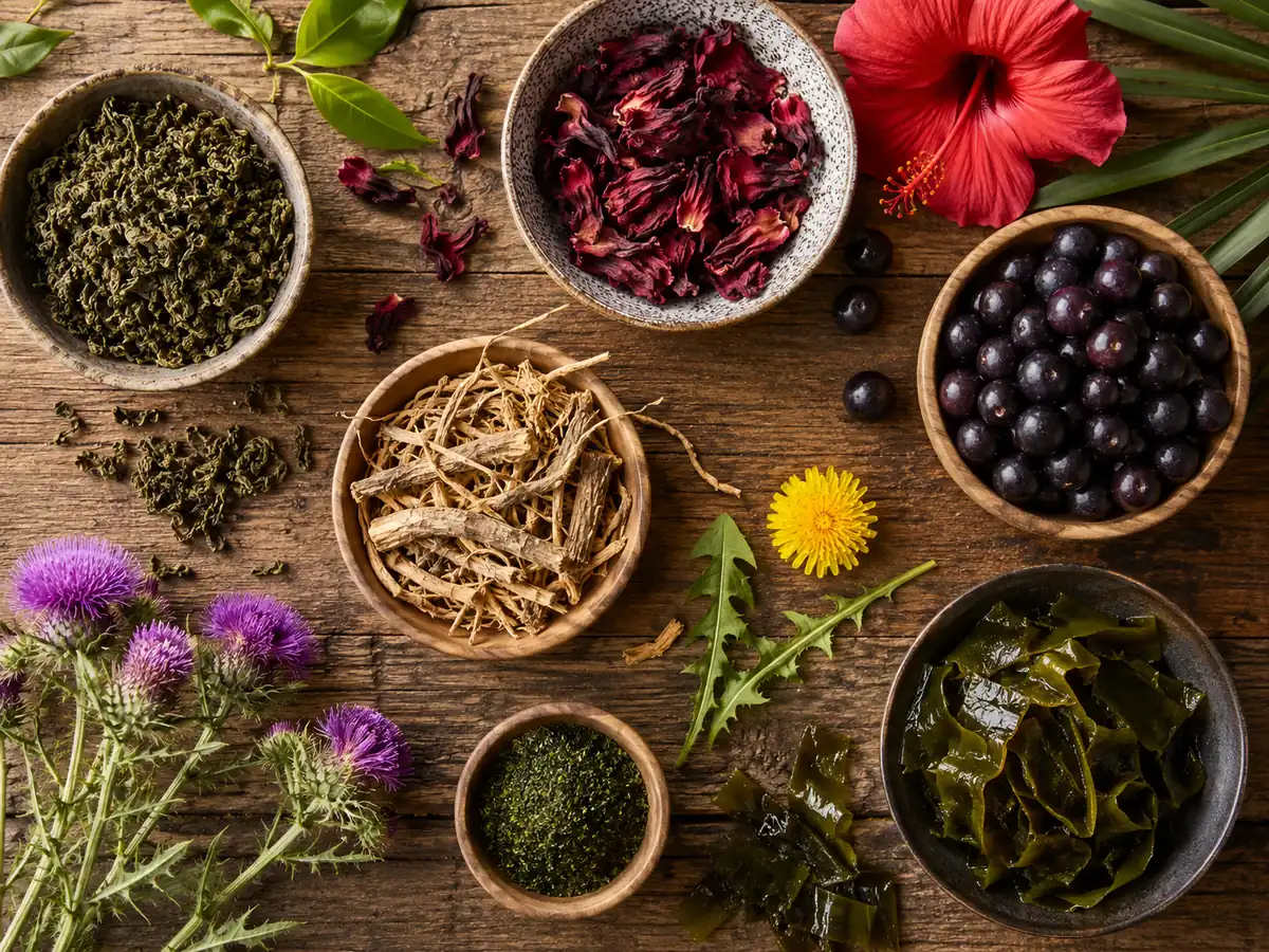 Ikaria Lean Belly Juice Review: An artistic arrangement of natural ingredients including green tea, hibiscus, berries, and milk thistle