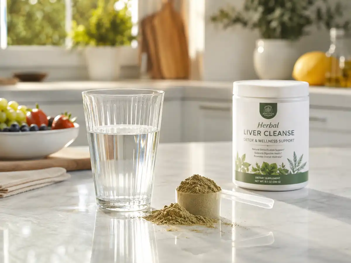 Ikaria Lean Belly Juice Review: A scoop of natural powdered supplement being mixed into a fresh glass of water on a kitchen counter