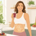 Ikaria Lean Belly Juice Review: A fit American woman in a sunlit kitchen drinking a morning berry juice with a glowing metabolic gear graphic around her midsection