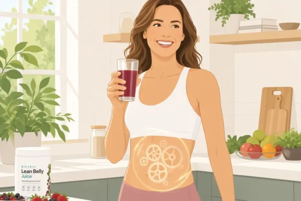 Ikaria Lean Belly Juice Review: A fit American woman in a sunlit kitchen drinking a morning berry juice with a glowing metabolic gear graphic around her midsection