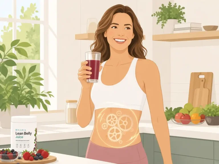 Ikaria Lean Belly Juice Review: A fit American woman in a sunlit kitchen drinking a morning berry juice with a glowing metabolic gear graphic around her midsection