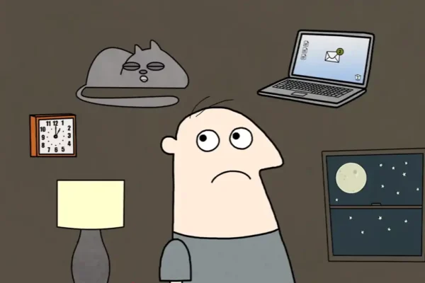 Anxious person sitting on bed looking at a clock, illustrating insomnia and bedtime stress